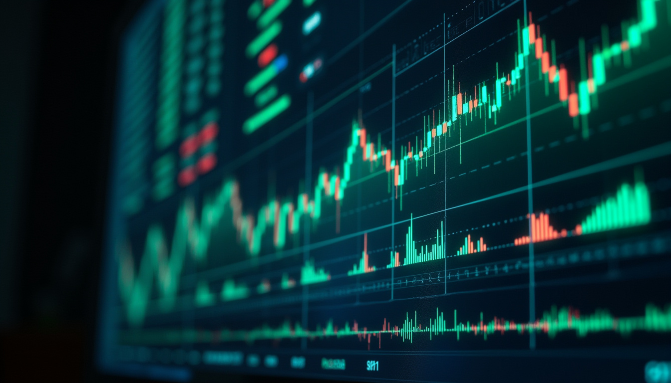 "A futuristic digital stock market chart with glowing green and red candlesticks, financial graphs, and cryptocurrency symbols in a dark-themed background with a tech-inspired aesthetic."

