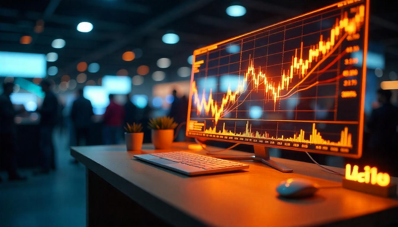 "A futuristic digital trading desk with holographic crypto charts, candlestick patterns, and leverage ratios displayed on a transparent screen, set against a dark, tech-inspired background."