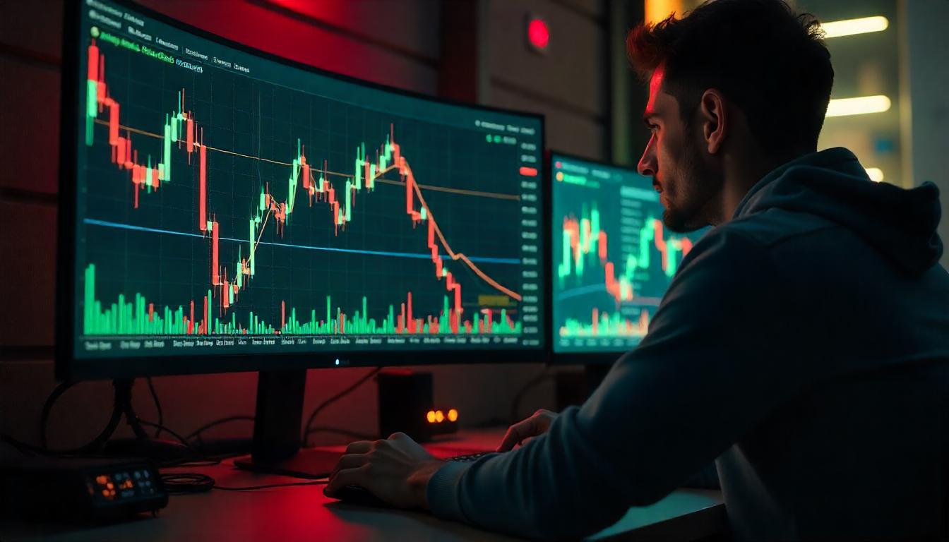 "A futuristic digital stock market chart with glowing green and red candlesticks, financial graphs, and cryptocurrency symbols in a dark-themed background with a tech-inspired aesthetic."