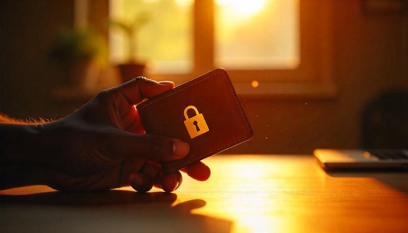 A hand holding a hardware cryptocurrency wallet with a lock symbol.