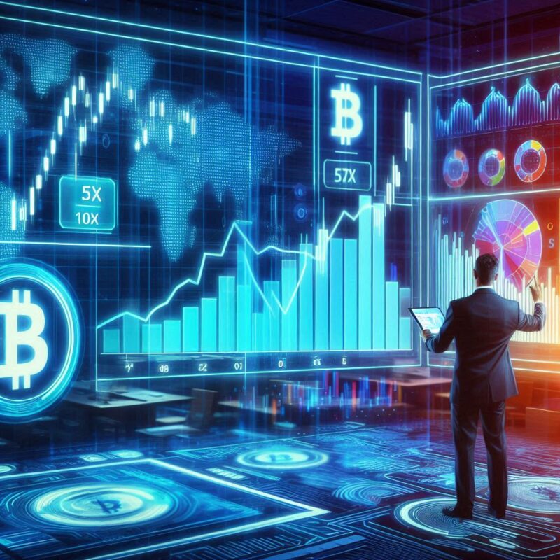 "A futuristic digital illustration of a trader analyzing a crypto chart on a high-tech screen, showcasing risk and reward balance with 5x and 10x leverage markers. Vibrant, financial theme."