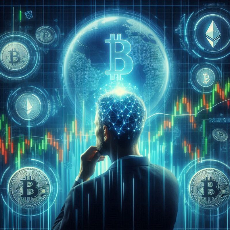 "A futuristic stock market chart with candlestick patterns fluctuating dramatically. A trader is seen deep in thought, surrounded by digital currency symbols like Bitcoin and Ethereum."