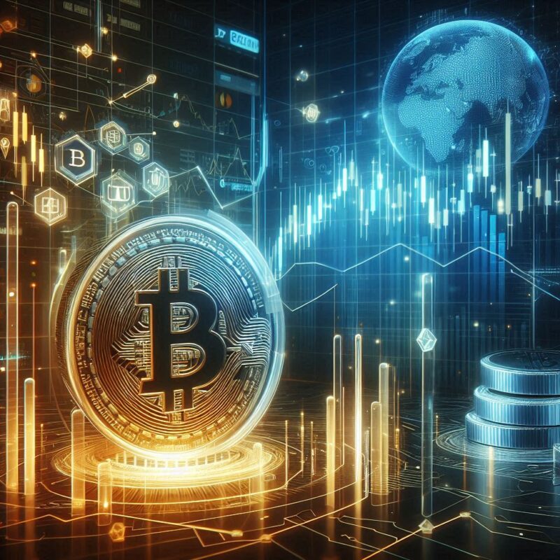 "A futuristic digital finance concept showing a split-screen effect with Bitcoin on one side and a candlestick futures trading chart on the other, symbolizing risk management in crypto investments."