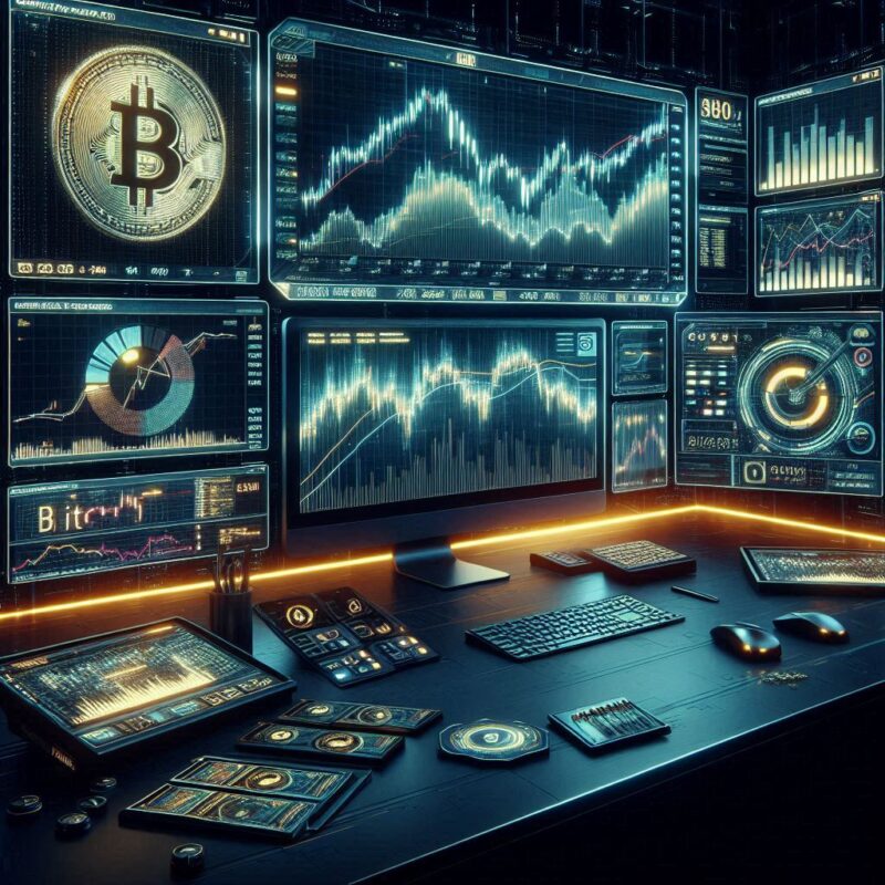 "A futuristic trading desk with multiple screens displaying Bitcoin price charts and hedge trading analytics, featuring a dark cyberpunk aesthetic with glowing financial graphs."