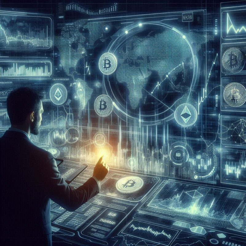 A futuristic digital financial landscape with Bitcoin, Ethereum, and other cryptocurrencies, showing a trader analyzing a risk management strategy on a glowing holographic screen, dark blue theme.