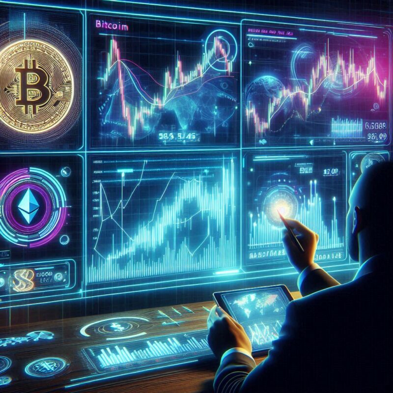 "A futuristic digital trading dashboard displaying Bitcoin and Ethereum price charts, glowing candlestick graphs, and a trader analyzing market trends on a high-tech screen with neon effects."