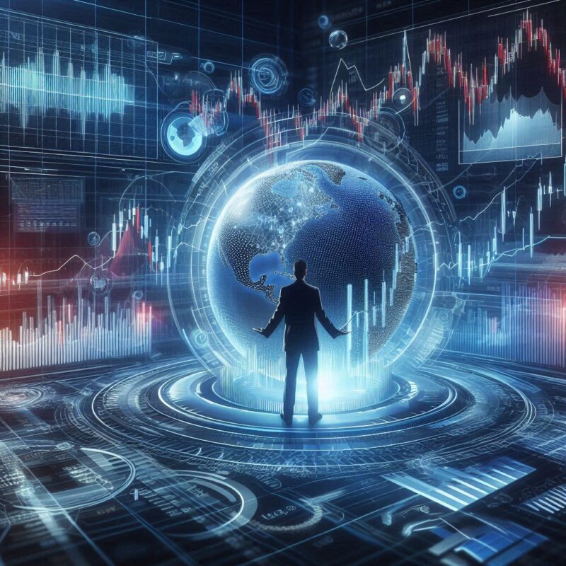 A futuristic financial market scene with graphs and candlestick charts on a digital screen, showcasing a trader balancing exchange and futures trading strategies.