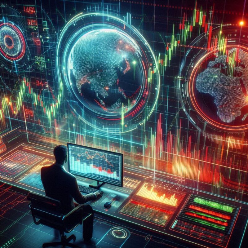 "A futuristic digital trading interface with stock market graphs, red and green candlestick charts, and a trader analyzing data on multiple screens. The background should depict a financial market atmosphere with glowing digital numbers."