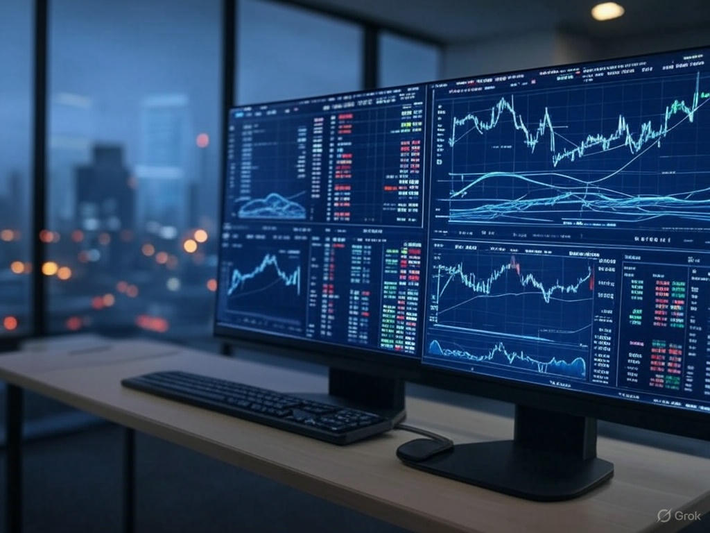 "A futuristic AI-powered financial dashboard displaying stock market graphs, trading charts, and investment insights, designed in a modern, high-tech style."