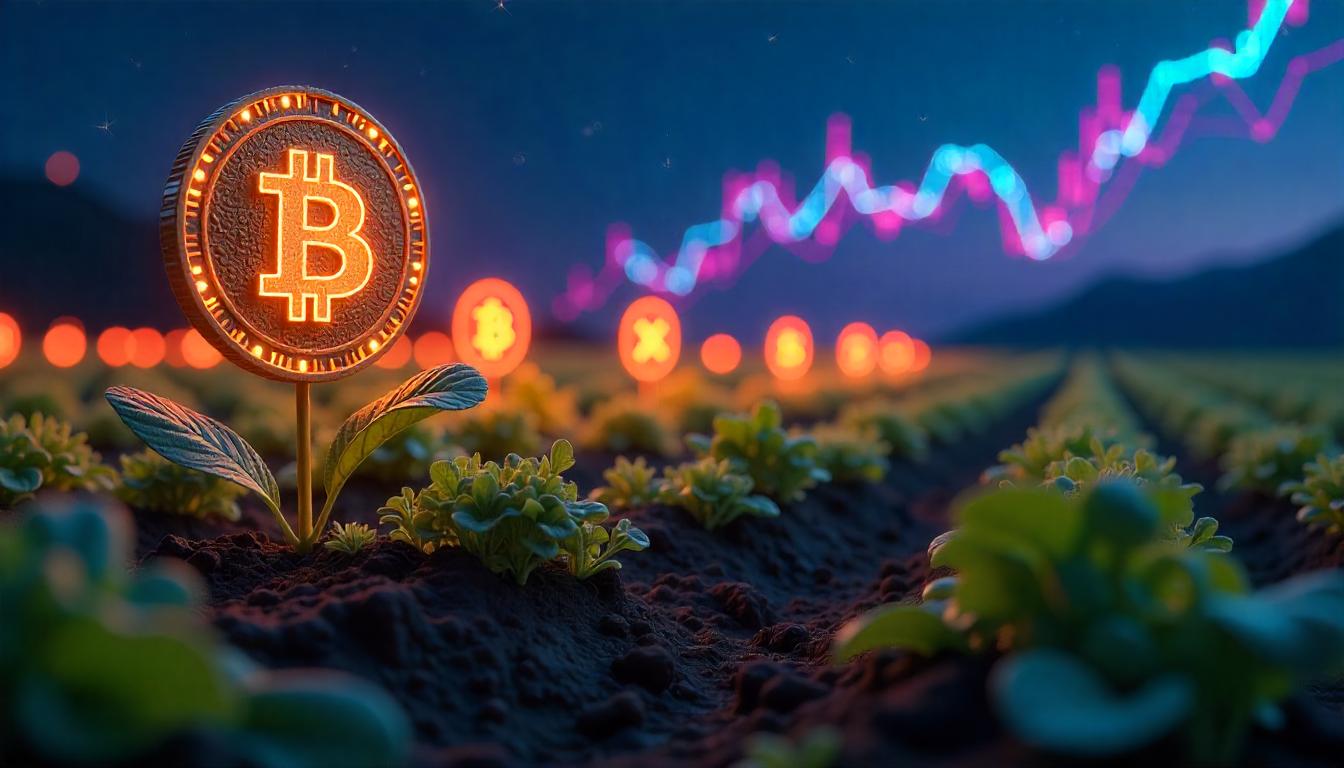 "A futuristic digital farm with floating cryptocurrency coins growing like crops, blockchain network lines connecting them, and a glowing financial graph in the background."