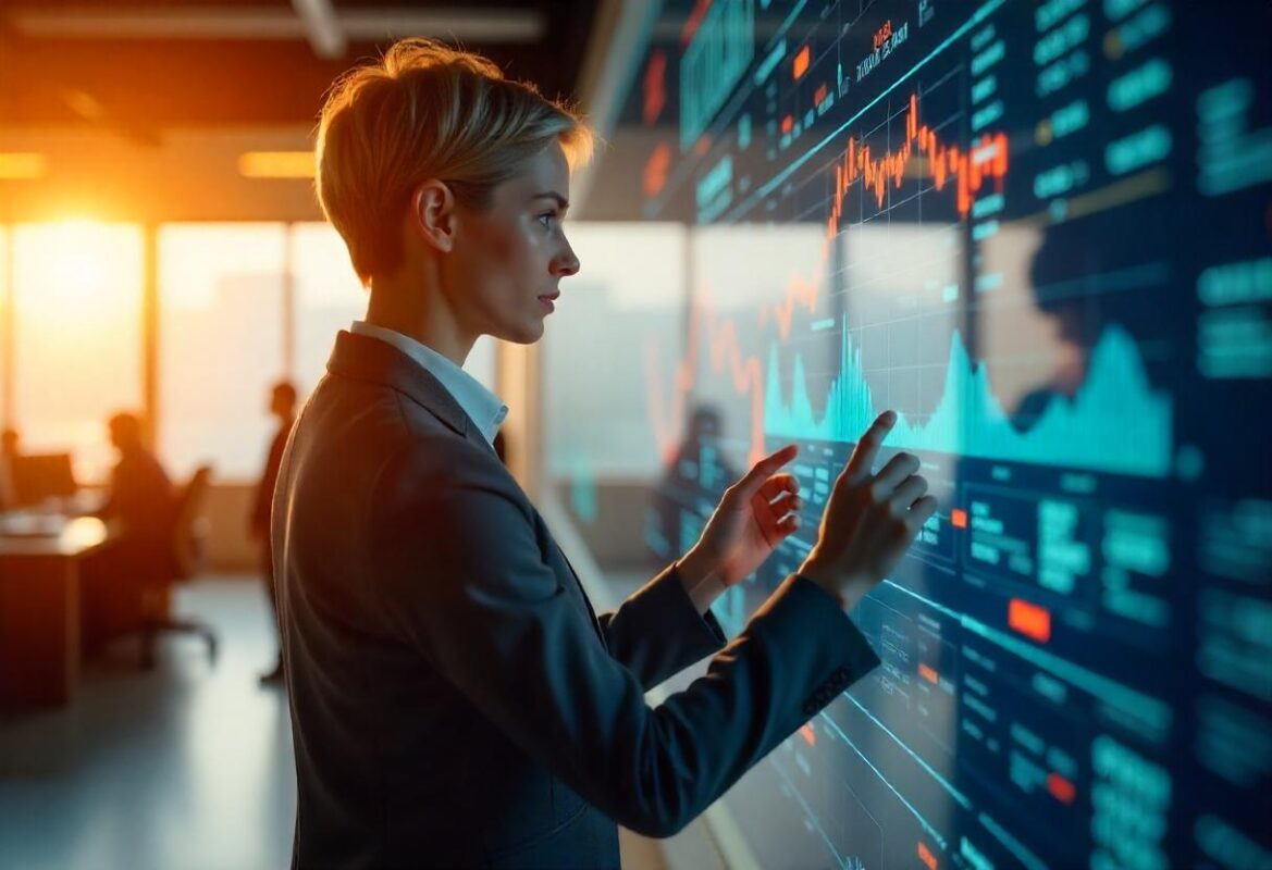 "A futuristic stock market trading interface with AI-powered charts, data analysis screens, and a digital stock trader analyzing trends on multiple screens with a high-tech feel."