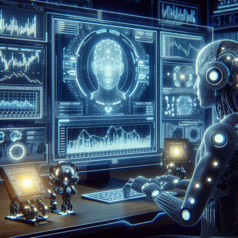 A futuristic digital trading desk with glowing charts, AI robots analyzing data, and a CoinDCX logo in the background, with a confident trader watching the screen, modern style, high detail, crypto theme, 16:9 aspect ratio.