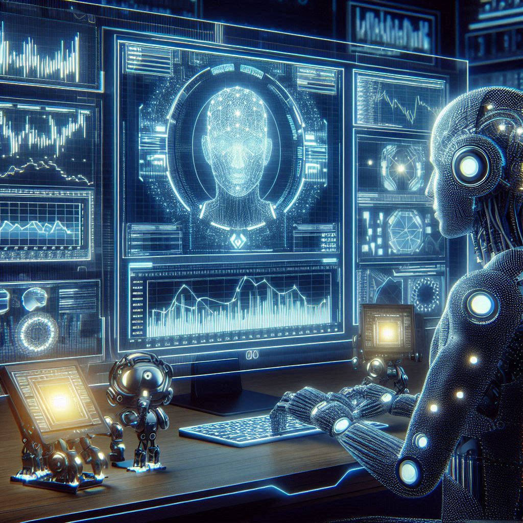 A futuristic digital trading desk with glowing charts, AI robots analyzing data, and a CoinDCX logo in the background, with a confident trader watching the screen, modern style, high detail, crypto theme, 16:9 aspect ratio.